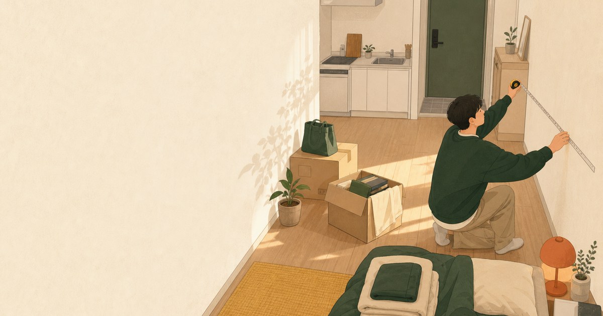 원룸 입주 전 벽과 가구 자리를 줄자로 확인하는 모습